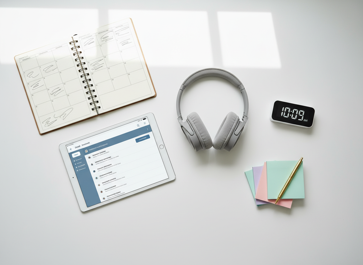A close-up of a meticulously organized virtual assistant desk flat lay on a matte white surface: an open planner with a weekly layout filled with tiny, abstract lines suggesting tasks, a tablet showing a simplified email inbox interface, a pair of noise-cancelling over-ear headphones in soft gray, and neatly stacked pastel sticky notes with a slim gold pen resting on top. A small, modern digital clock displays a generic time. Overhead daylight from an unseen window washes the scene in bright, diffused light, eliminating harsh shadows and enhancing a clean, professional feel. Photographic realism, bird’s-eye view composition with balanced negative space, crisp edges, and a calming, highly organized atmosphere that communicates productivity and dependable admin support.