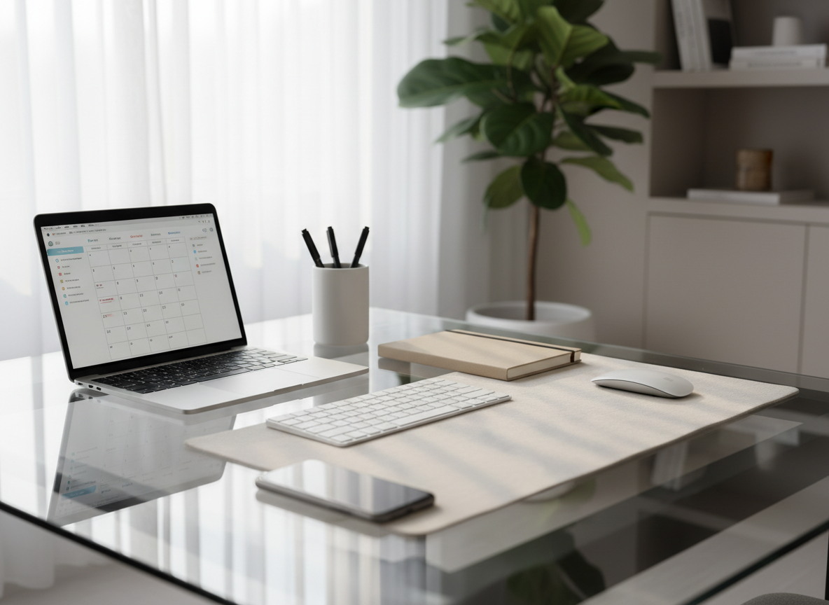 A sleek glass-topped desk arranged for a high-end freelance virtual assistant workspace, with a slim silver laptop open to an organized calendar, a muted sand-colored notebook, and a minimalist wireless keyboard aligned precisely. A smartphone rests on a linen-textured mousepad beside a ceramic pen cup holding a few black ink pens. The desk sits in front of a large, sheer-curtained window, with soft morning daylight creating gentle reflections on the glass surface and subtle shadows beneath the objects. The background is softly blurred, hinting at neutral built-in shelving and a single leafy plant. Photographic realism, eye-level composition with shallow depth of field, clean and modern corporate aesthetic, calm and professional mood emphasizing focus and efficiency.